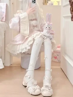 Sweet Lolita Shoes Ecru White Bows PU Leather Ankle Strap Chunky Heel Lolita Pumps
