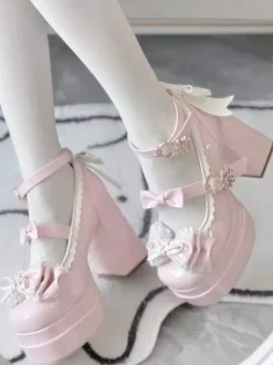 Sweet Lolita Shoes Ecru White Bows PU Leather Chunky Heel Lolita Pumps