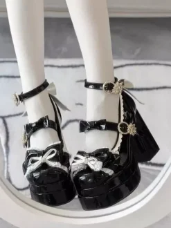 Sweet Lolita Shoes Ecru White Bows PU Leather Chunky Heel Lolita Pumps