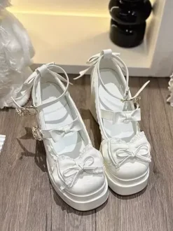 Sweet Lolita Shoes Ecru White Bows PU Leather Chunky Heel Lolita Pumps