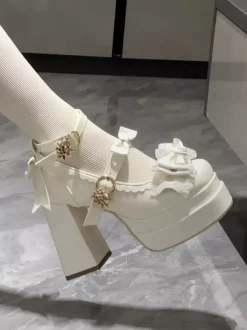 Sweet Lolita Shoes Ecru White Bows PU Leather Chunky Heel Lolita Pumps