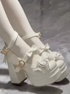 Sweet Lolita Shoes Ecru White Bows PU Leather Chunky Heel Lolita Pumps