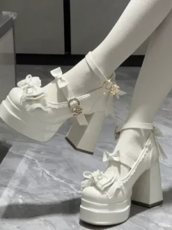 Sweet Lolita Shoes Ecru White Bows PU Leather Chunky Heel Lolita Pumps