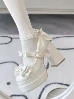 Sweet Lolita Shoes Ecru White Bows PU Leather Chunky Heel Lolita Pumps