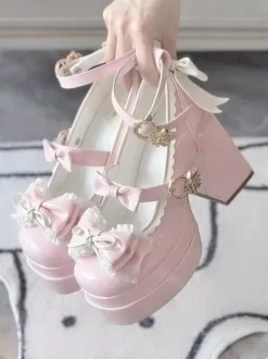 Sweet Lolita Shoes Ecru White Bows PU Leather Chunky Heel Lolita Pumps