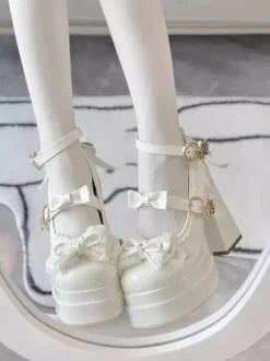 Sweet Lolita Shoes Ecru White Bows PU Leather Chunky Heel Lolita Pumps