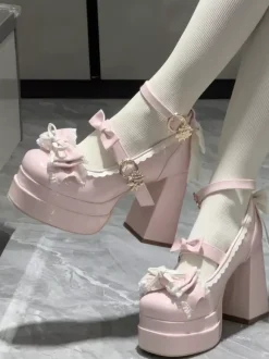 Sweet Lolita Shoes Ecru White Bows PU Leather Chunky Heel Lolita Pumps