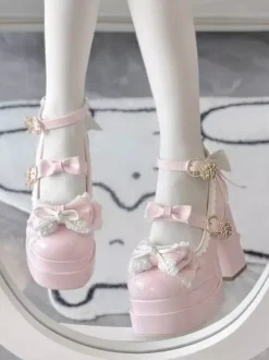 Sweet Lolita Shoes Ecru White Bows PU Leather Chunky Heel Lolita Pumps