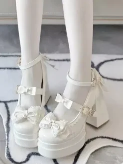 Sweet Lolita Shoes Ecru White Bows PU Leather Chunky Heel Lolita Pumps
