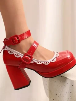 Sweet Lolita Shoes Ecru White Piping Patent Leather Chunky Heel Lolita Shoes