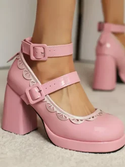 Sweet Lolita Shoes Ecru White Piping Patent Leather Chunky Heel Lolita Shoes