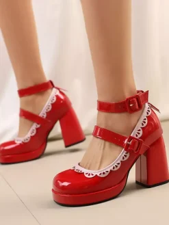 Sweet Lolita Shoes Ecru White Piping Patent Leather Chunky Heel Lolita Shoes