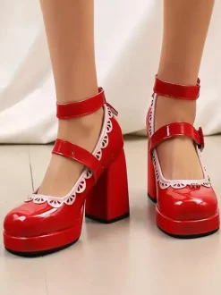 Sweet Lolita Shoes Ecru White Piping Patent Leather Chunky Heel Lolita Shoes