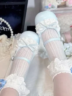 Sweet Lolita Shoes Lace Bows Round Toe PU Leather Chunky Heel Lolita Shoes