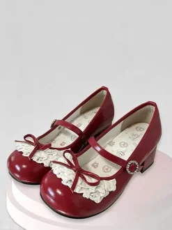 Sweet Lolita Shoes Lace Bows Round Toe PU Leather Chunky Heel Lolita Shoes