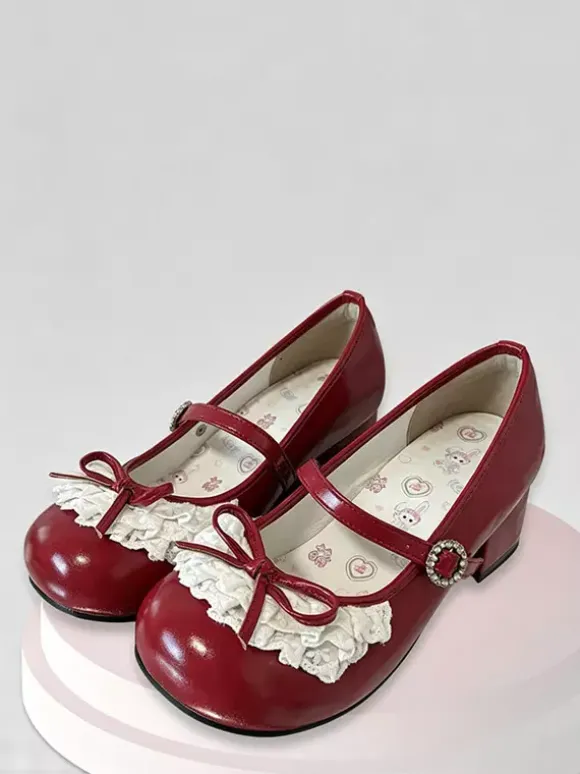 Sweet Lolita Shoes Lace Bows Round Toe PU Leather Chunky Heel Lolita Shoes