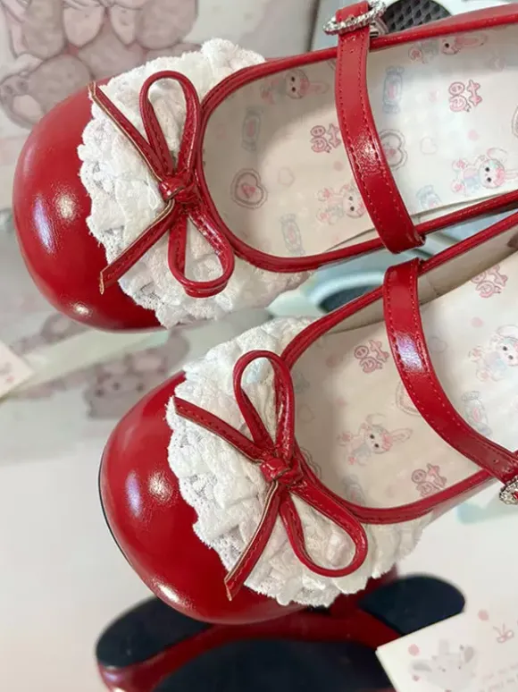 Sweet Lolita Shoes Lace Bows Round Toe PU Leather Chunky Heel Lolita Shoes
