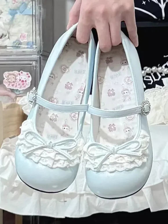 Sweet Lolita Shoes Lace Bows Round Toe PU Leather Chunky Heel Lolita Shoes