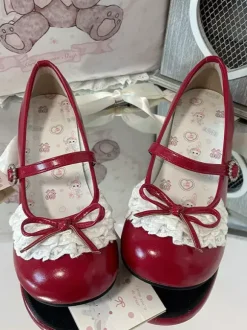 Sweet Lolita Shoes Lace Bows Round Toe PU Leather Chunky Heel Lolita Shoes