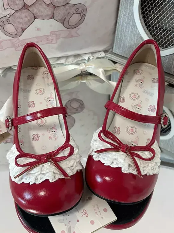 Sweet Lolita Shoes Lace Bows Round Toe PU Leather Chunky Heel Lolita Shoes