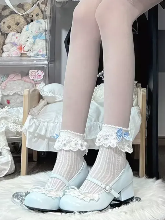 Sweet Lolita Shoes Lace Bows Round Toe PU Leather Chunky Heel Lolita Shoes