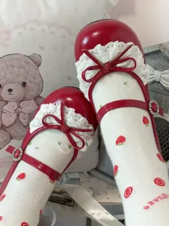 Sweet Lolita Shoes Lace Bows Round Toe PU Leather Chunky Heel Lolita Shoes