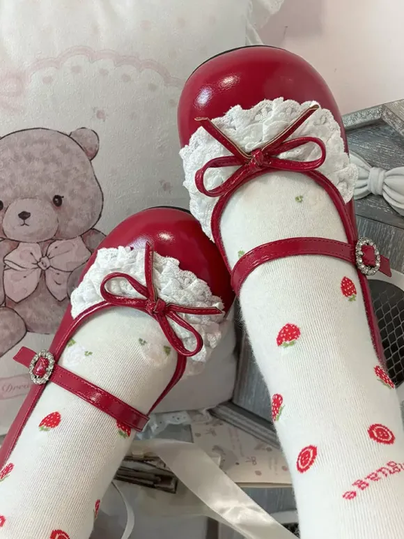 Sweet Lolita Shoes Lace Bows Round Toe PU Leather Chunky Heel Lolita Shoes