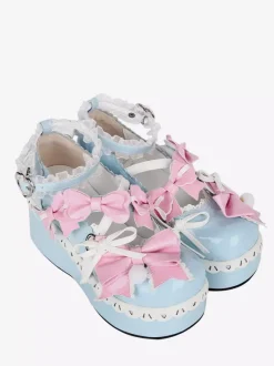 Sweet Lolita Shoes Light Sky Blue Round Toe Bowknot PU Leather Kawaii Fashion Footwear