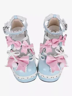 Sweet Lolita Shoes Light Sky Blue Round Toe Bowknot PU Leather Kawaii Fashion Footwear