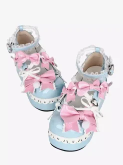Sweet Lolita Shoes Light Sky Blue Round Toe Bowknot PU Leather Kawaii Fashion Footwear