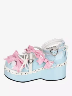 Sweet Lolita Shoes Light Sky Blue Round Toe Bowknot PU Leather Kawaii Fashion Footwear