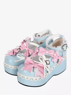 Sweet Lolita Shoes Light Sky Blue Round Toe Bowknot PU Leather Kawaii Fashion Footwear