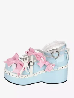 Sweet Lolita Shoes Light Sky Blue Round Toe Bowknot PU Leather Kawaii Fashion Footwear