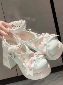 Sweet Lolita Shoes Light Sky Blue Bows Round Toe PU Leather Chunky Heel Lolita Shoes