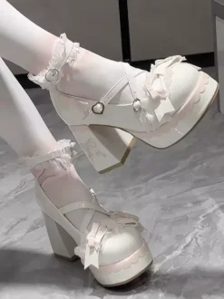 Sweet Lolita Shoes Light Sky Blue Bows Round Toe PU Leather Chunky Heel Lolita Shoes