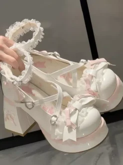 Sweet Lolita Shoes Light Sky Blue Bows Round Toe PU Leather Chunky Heel Lolita Shoes