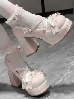 Sweet Lolita Shoes Light Sky Blue Bows Round Toe PU Leather Chunky Heel Lolita Shoes
