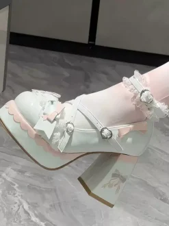 Sweet Lolita Shoes Light Sky Blue Bows Round Toe PU Leather Chunky Heel Lolita Shoes