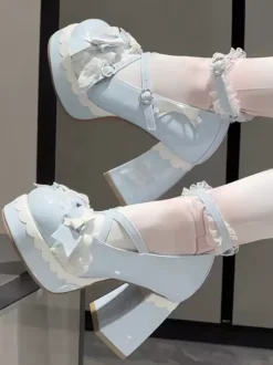 Sweet Lolita Shoes Light Sky Blue Bows Round Toe PU Leather Chunky Heel Lolita Shoes