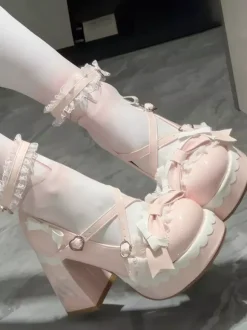 Sweet Lolita Shoes Light Sky Blue Bows Round Toe PU Leather Chunky Heel Lolita Shoes