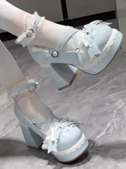 Sweet Lolita Shoes Light Sky Blue Bows Round Toe PU Leather Chunky Heel Lolita Shoes