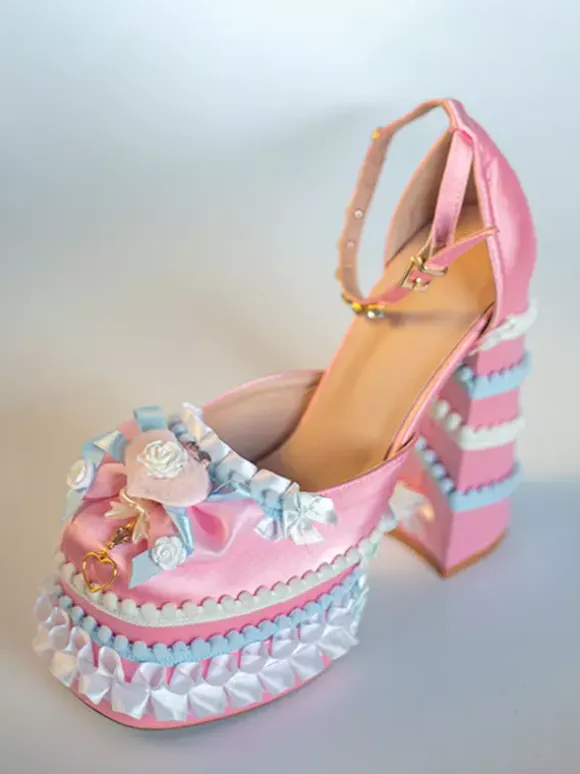Sweet Lolita Shoes Light Green Bow Ruffles PU Leather Chunky Heel Lolita Pumps