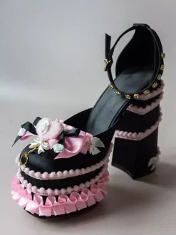 Sweet Lolita Shoes Light Green Bow Ruffles PU Leather Chunky Heel Lolita Pumps