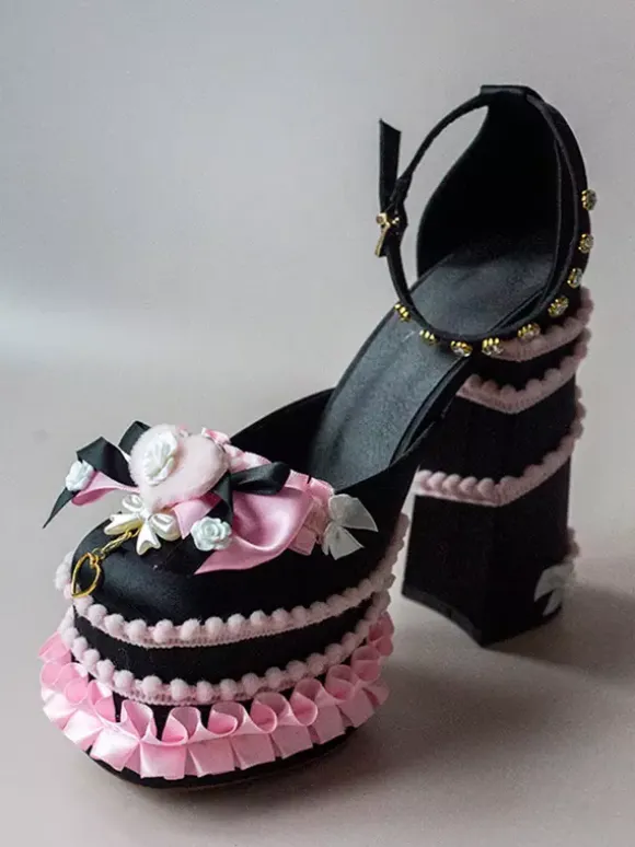 Sweet Lolita Shoes Light Green Bow Ruffles PU Leather Chunky Heel Lolita Pumps