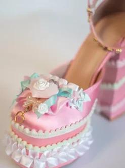 Sweet Lolita Shoes Light Green Bow Ruffles PU Leather Chunky Heel Lolita Pumps