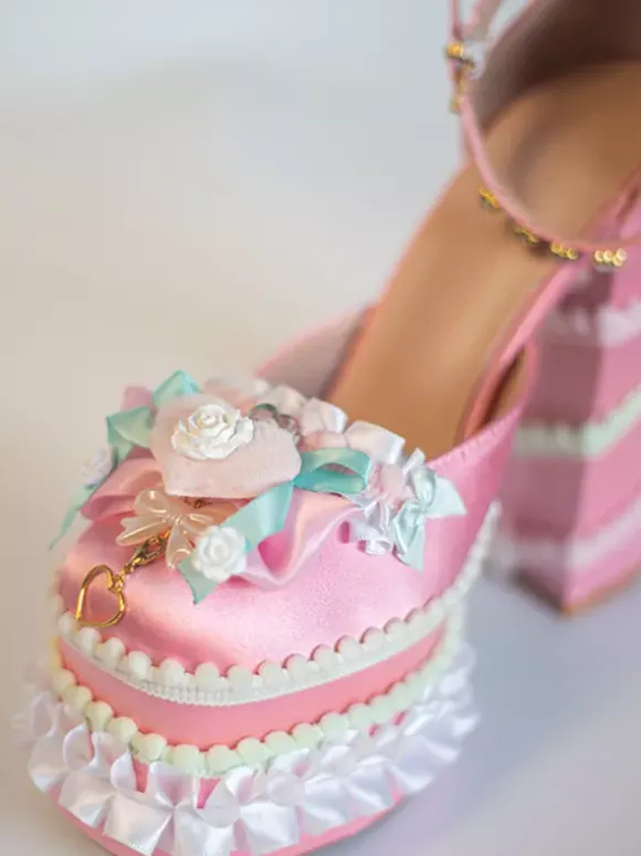 Sweet Lolita Shoes Light Green Bow Ruffles PU Leather Chunky Heel Lolita Pumps