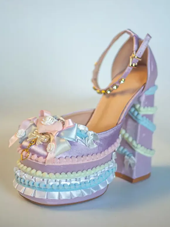 Sweet Lolita Shoes Light Green Bow Ruffles PU Leather Chunky Heel Lolita Pumps