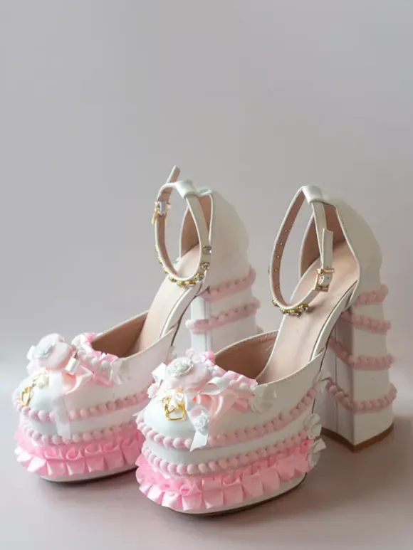 Sweet Lolita Shoes Light Green Bow Ruffles PU Leather Chunky Heel Lolita Pumps
