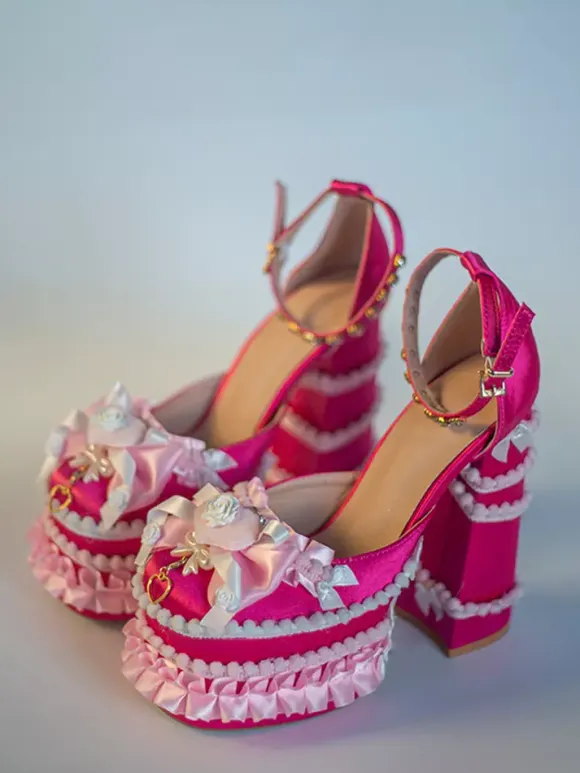 Sweet Lolita Shoes Light Green Bow Ruffles PU Leather Chunky Heel Lolita Pumps