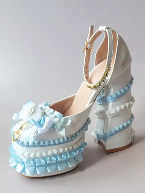 Sweet Lolita Shoes Light Green Bow Ruffles PU Leather Chunky Heel Lolita Pumps